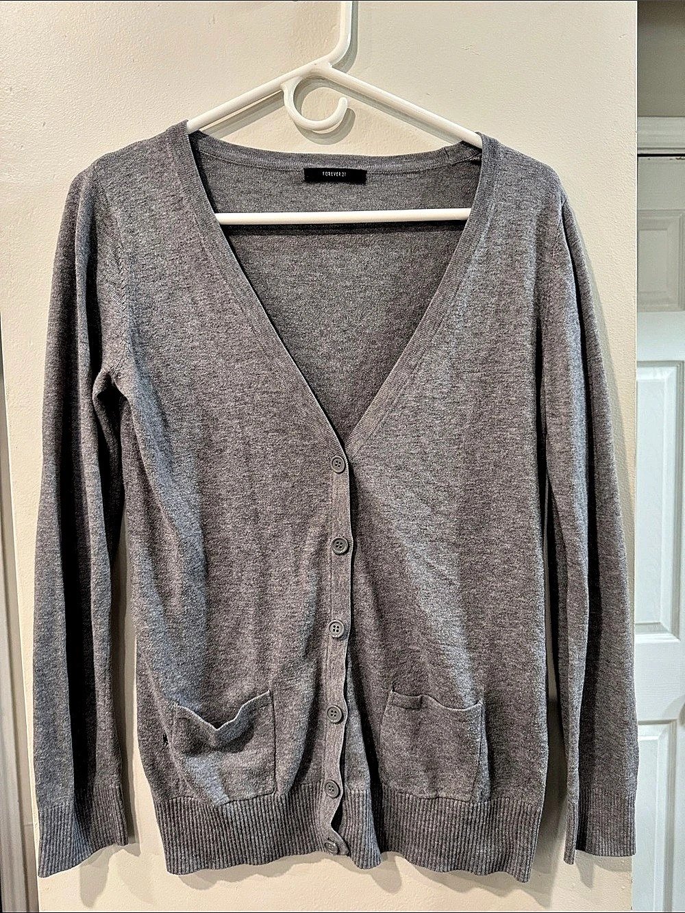 Forever 21 Small V-Neck Button-Front Cardigan in Gray